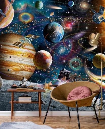 aanpasbare ruimtebehangmuurschildering genaamd Space Odyssey van Adrian Chesterman voor de kinderkamer