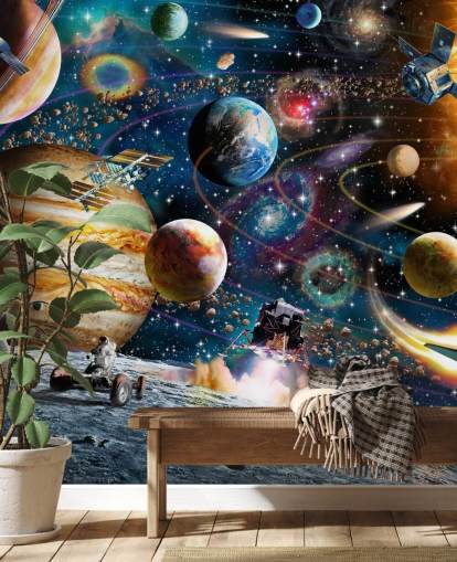 Adrian Chestermanin mukautettava avaruuden taustakuvamaalaus nimeltä Space Odyssey lapsen makuuhuoneeseen
