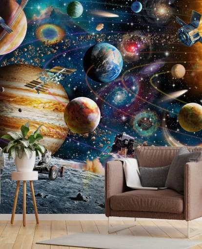 anpassningsbar rymdtapet väggmålning som heter Space Odyssey av Adrian Chesterman för barnets sovrum