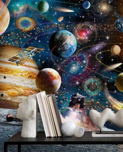 mural de papel pintado espacial personalizable llamado Space Odyssey de Adrian Chesterman para dormitorio infantil