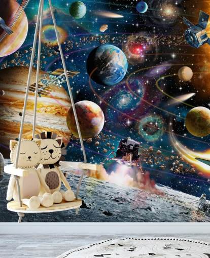 Adrian Chestermanin mukautettava avaruuden taustakuvamaalaus nimeltä Space Odyssey lapsen makuuhuoneeseen