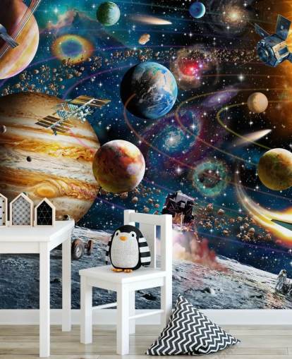 anpassningsbar rymdtapet väggmålning som heter Space Odyssey av Adrian Chesterman för barnets sovrum