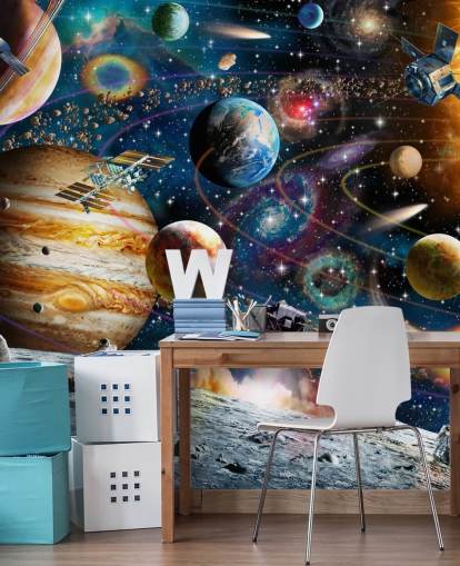 aanpasbare ruimtebehangmuurschildering genaamd Space Odyssey van Adrian Chesterman voor de kinderkamer