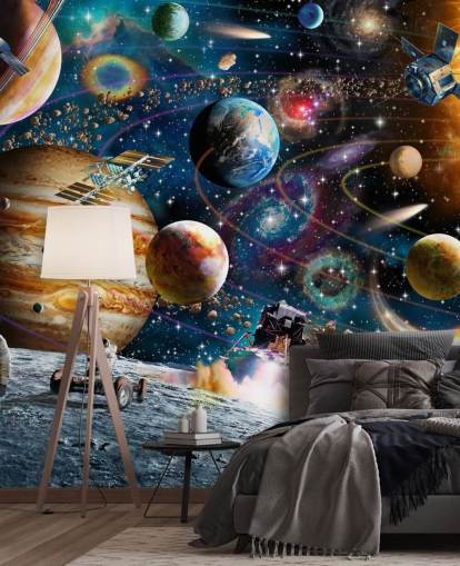 mural de papel pintado espacial personalizable llamado Space Odyssey de Adrian Chesterman para dormitorio infantil