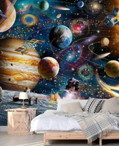 papier peint mural spatial personnalisable appelé Space Odyssey par Adrian Chesterman pour la chambre d'enfant