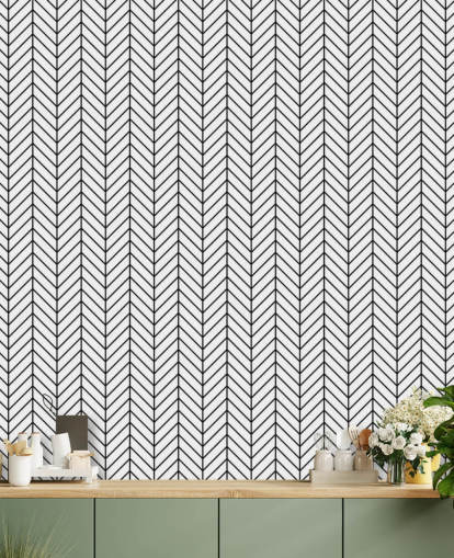 svartvit anpassad fiskbenstapet kallad Monochrome Herringbone