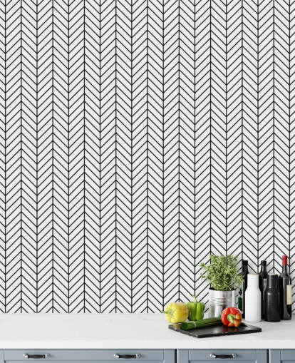 black and white custom herringbone wallpaper called Monochrome Herringbone