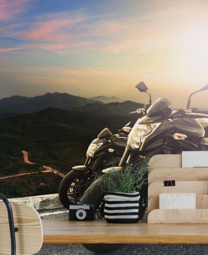 Pair of Black Motorbikes by a Gorgeous View Wallpaper