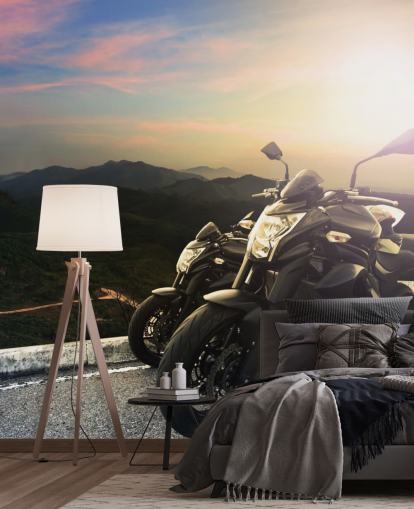 Pair of Black Motorbikes by a Gorgeous View Wallpaper Pair of Black Motorbikes by a Gorgeous View Wallpaper