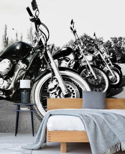 op maat gemaakte zwart-wit muurschildering voor motorfietsen genaamd Motorcycles voor thuiskantoren, mancaves en kantoorruimtes