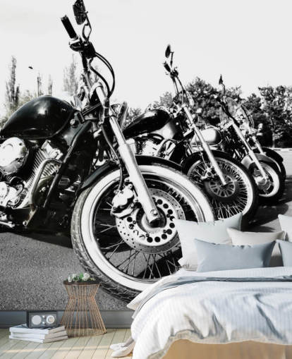 murale personalizzato in bianco e nero con motociclette chiamato Motorcycles per uffici domestici, grotte e spazi per uffici