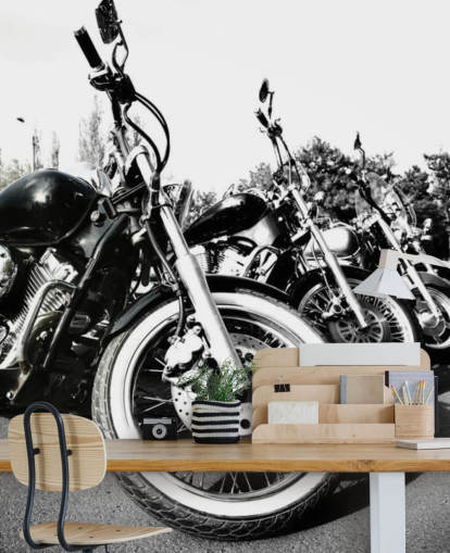 op maat gemaakte zwart-wit muurschildering voor motorfietsen genaamd Motorcycles voor thuiskantoren, mancaves en kantoorruimtes op maat gemaakte zwart-wit muurschildering voor motorfietsen genaamd Motorcycles voor thuiskantoren, mancaves en kantoorruimtes