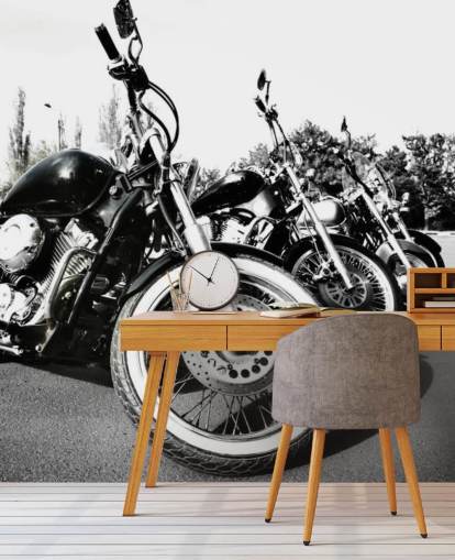 tilpasset svart-hvitt motorsykkelveggmaleri kalt Motorsykler for hjemmekontorer, mannshuler og kontorlokaler