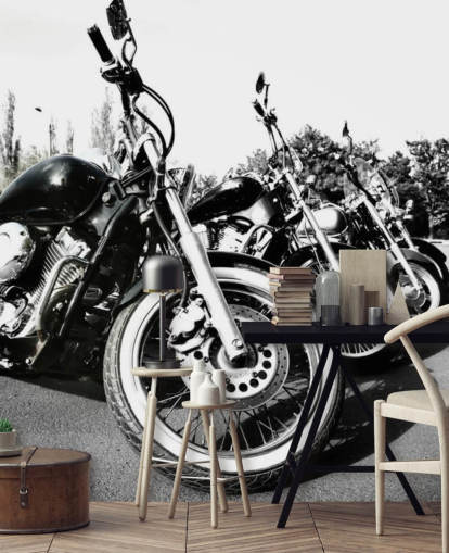 mural de pared personalizado en blanco y negro para motocicletas llamado Motocicletas para oficinas en casa, cuevas de hombres y espacios de oficina