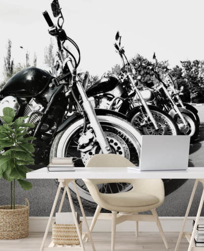 custom black and white motorcycle wall mural called Motorcycles for home offices, man caves and office spaces
