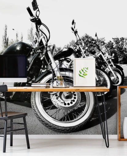 custom black and white motorcycle wall mural called Motorcycles for home offices, man caves and office spaces