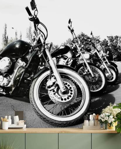 custom black and white motorcycle wall mural called Motorcycles for home offices, man caves and office spaces custom black and white motorcycle wall mural called Motorcycles for home offices, man caves and office spaces