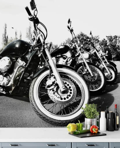 murale personalizzato in bianco e nero con motociclette chiamato Motorcycles per uffici domestici, grotte e spazi per uffici