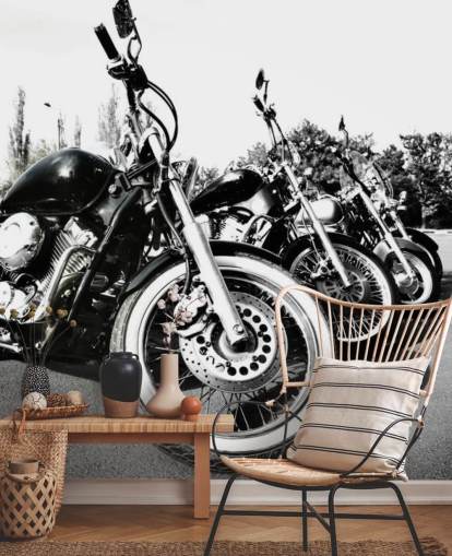 custom black and white motorcycle wall mural called Motorcycles for home offices, man caves and office spaces