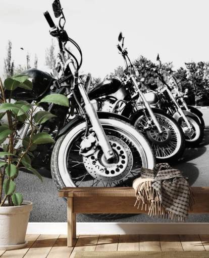 tilpasset svart-hvitt motorsykkelveggmaleri kalt Motorsykler for hjemmekontorer, mannshuler og kontorlokaler
