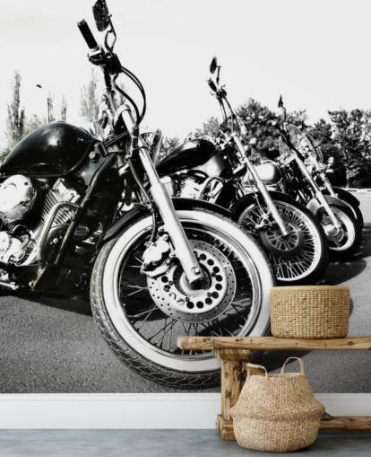 op maat gemaakte zwart-wit muurschildering voor motorfietsen genaamd Motorcycles voor thuiskantoren, mancaves en kantoorruimtes op maat gemaakte zwart-wit muurschildering voor motorfietsen genaamd Motorcycles voor thuiskantoren, mancaves en kantoorruimtes