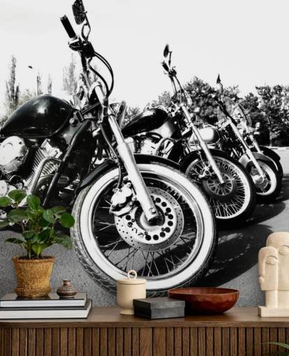 fresque murale de moto noire et blanche personnalisée appelée Motorcycles pour les bureaux à domicile, les grottes pour hommes et les espaces de bureau