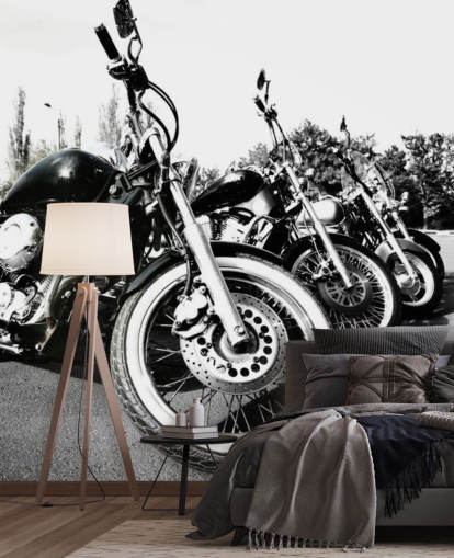 mukautettu mustavalkoinen moottoripyörän seinämaalaus nimeltä Moottoripyörät kotitoimistoihin, miesten luoliin ja toimistotiloihin