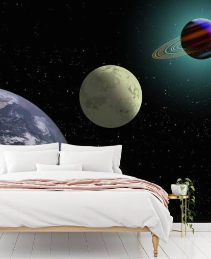 Earth Moon Og Saturn Bakgrunn Mural