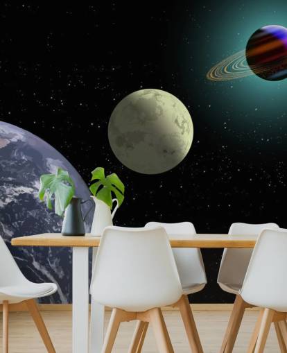 Earth Moon And Saturn Wallpaper Mural