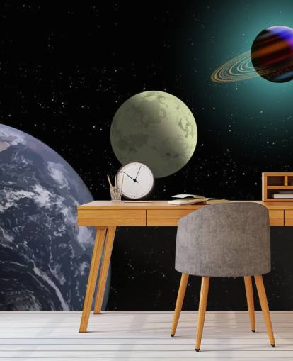 Earth Moon And Saturn Wallpaper Mural