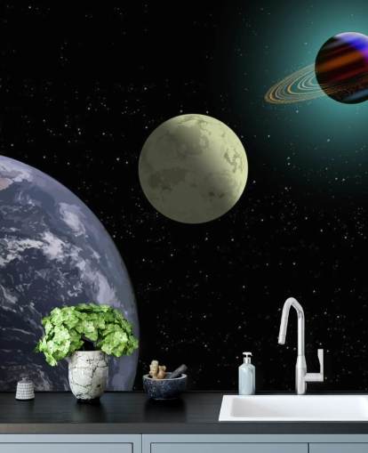 Earth Moon And Saturn Wallpaper Mural