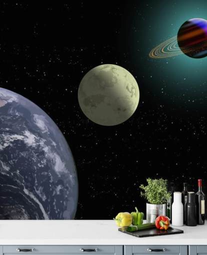 Earth Moon And Saturn Wallpaper Mural