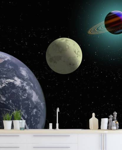 Earth Moon And Saturn Wallpaper Mural