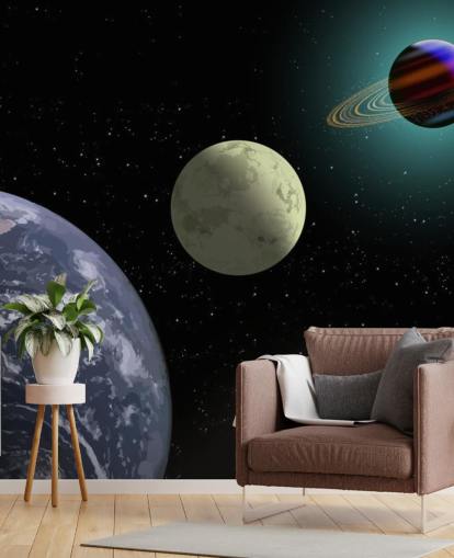 Jorden Månen Og Saturn Tapet Mural
