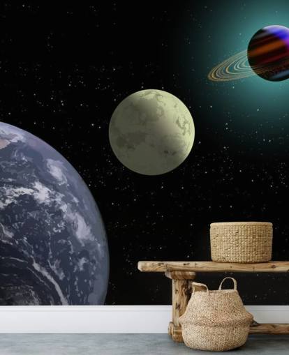 Earth Moon And Saturn Wallpaper Mural