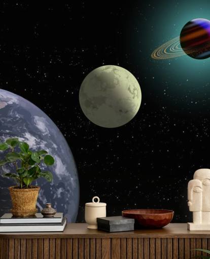 Earth Moon And Saturn Wallpaper Mural
