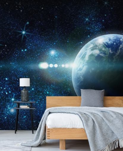 carta da parati personalizzabile blu scuro e bianco chiamata Realistic Planet Earth in Space per camere da letto