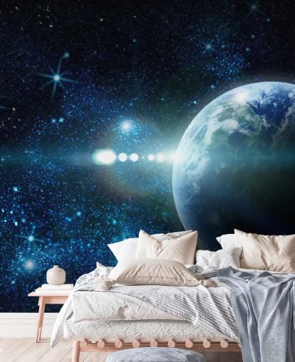 tummansininen ja valkoinen muokattava planeetan taustakuva nimeltä Realistic Planet Earth in Space makuuhuoneisiin