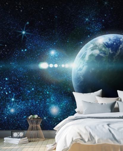 Personalisierbare Planetentapete in Dunkelblau und Weiß mit dem Namen Realistic Planet Earth in Space für Schlafzimmer
