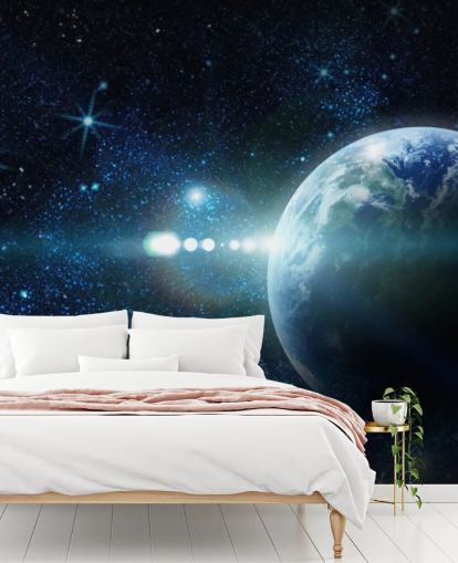 carta da parati personalizzabile blu scuro e bianco chiamata Realistic Planet Earth in Space per camere da letto