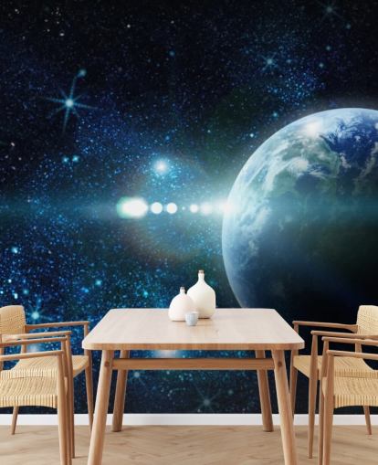 carta da parati personalizzabile blu scuro e bianco chiamata Realistic Planet Earth in Space per camere da letto
