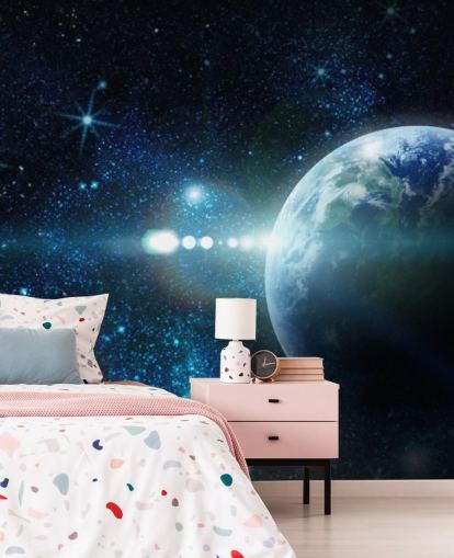 mørkeblå og hvid tilpasselig planet tapet kaldet Realistic Planet Earth in Space til soveværelser