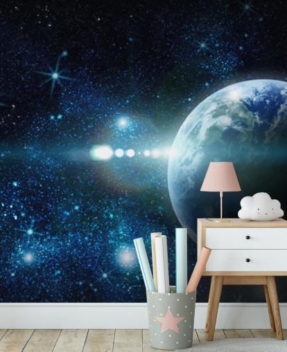 mørkeblå og hvid tilpasselig planet tapet kaldet Realistic Planet Earth in Space til soveværelser