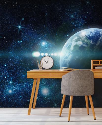 papier peint de planète personnalisable bleu foncé et blanc appelé Realistic Planet Earth in Space pour les chambres