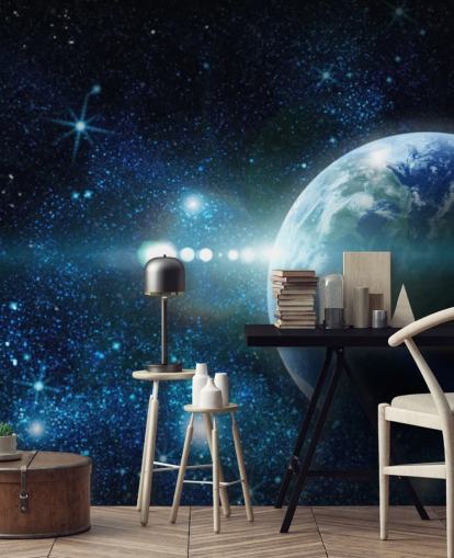 papel de parede de planeta personalizável em azul escuro e branco chamado Realistic Planet Earth in Space para quartos papel de parede de planeta personalizável em azul escuro e branco chamado Realistic Planet Earth in Space para quartos