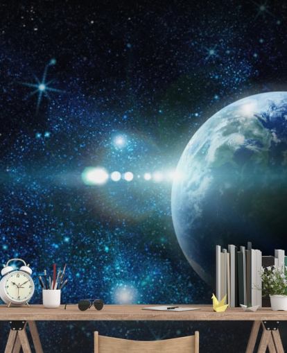 Personalisierbare Planetentapete in Dunkelblau und Weiß mit dem Namen Realistic Planet Earth in Space für Schlafzimmer Personalisierbare Planetentapete in Dunkelblau und Weiß mit dem Namen Realistic Planet Earth in Space für Schlafzimmer