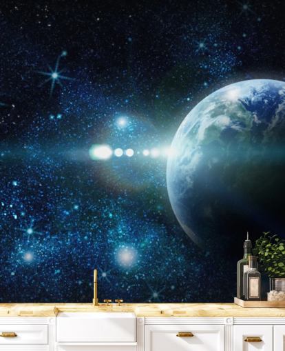 mørkeblå og hvit tilpassbar planet tapet kalt Realistic Planet Earth in Space for soverom mørkeblå og hvit tilpassbar planet tapet kalt Realistic Planet Earth in Space for soverom