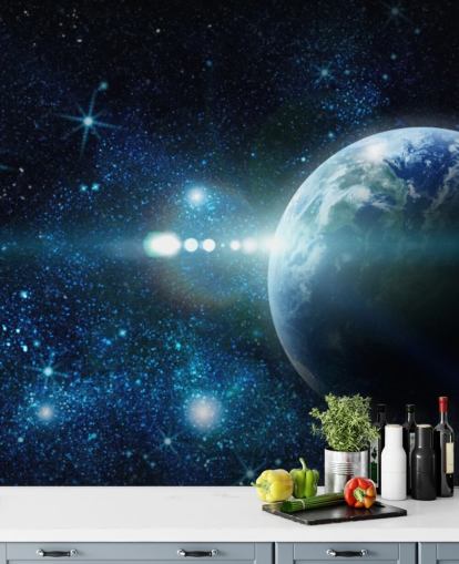 papier peint de planète personnalisable bleu foncé et blanc appelé Realistic Planet Earth in Space pour les chambres