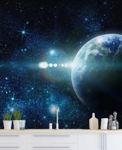 mørkeblå og hvit tilpassbar planet tapet kalt Realistic Planet Earth in Space for soverom