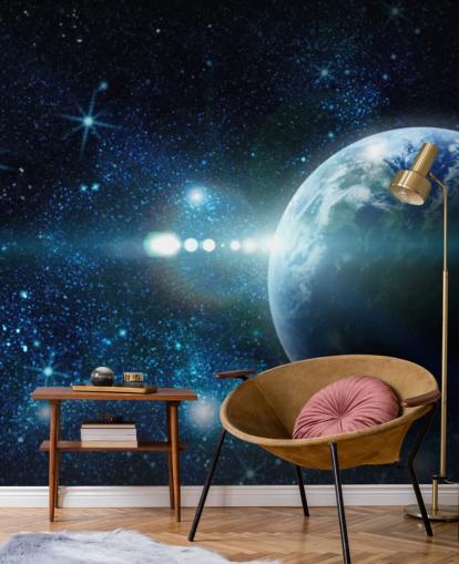 papier peint de planète personnalisable bleu foncé et blanc appelé Realistic Planet Earth in Space pour les chambres